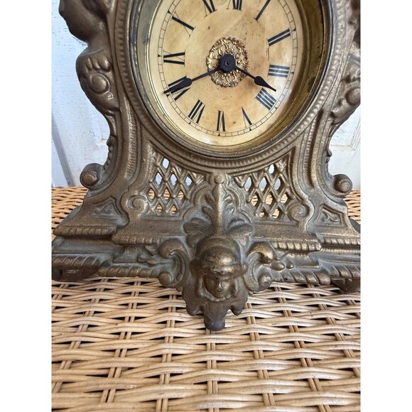Antique 1880s Cast Iron Gold GIlt Clock Mermaids Womans Face Ornate Running - Picture 14 of 16